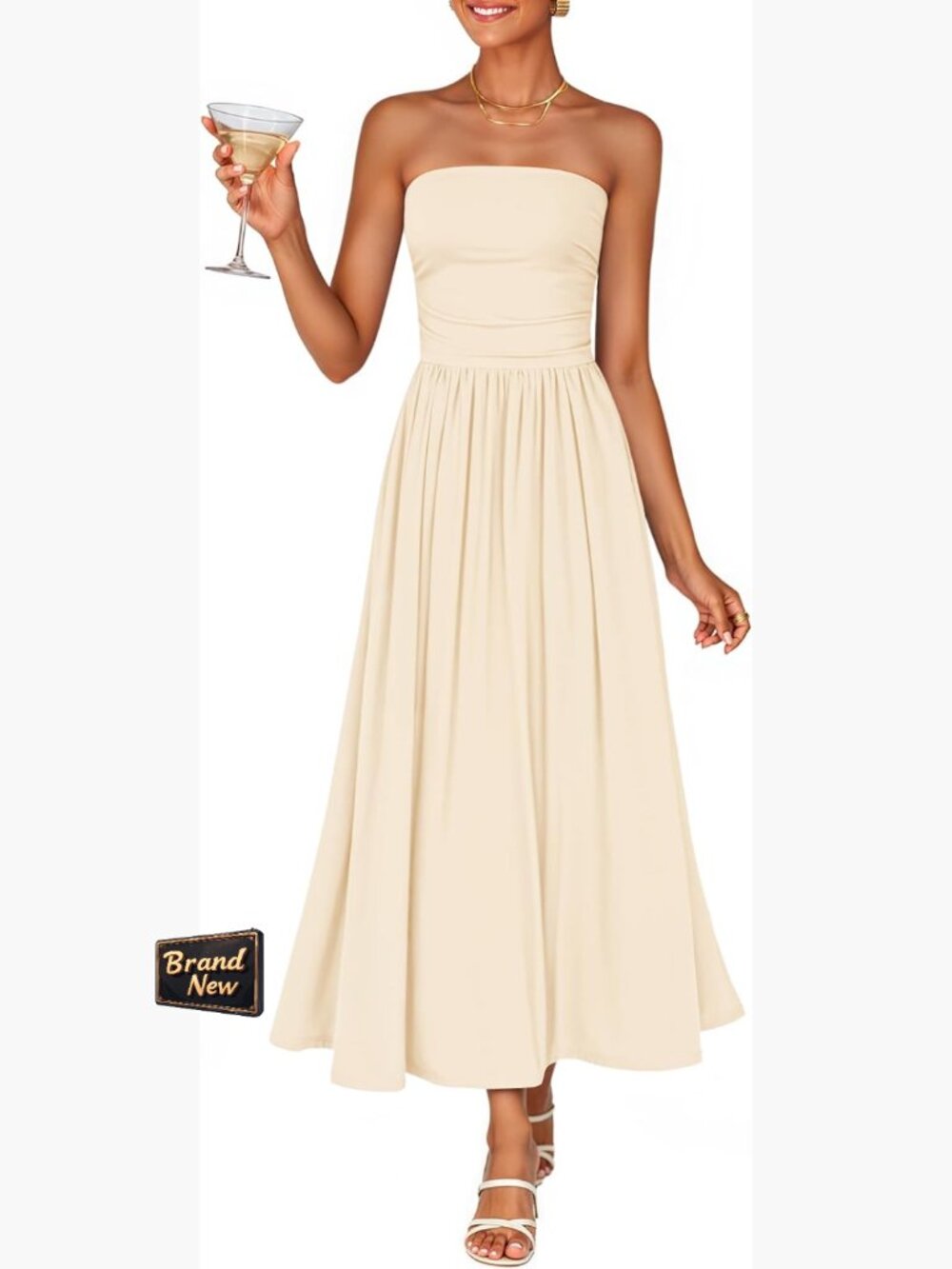 Strapless Ruched Midi Sundress Flowy Formal Wedding Guest Dress